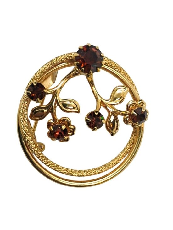 Jewelry - VTG Root Beer Brown Rhinestone Fall Floral Circle Pin Brooch Gold Tone 1 1/4"
